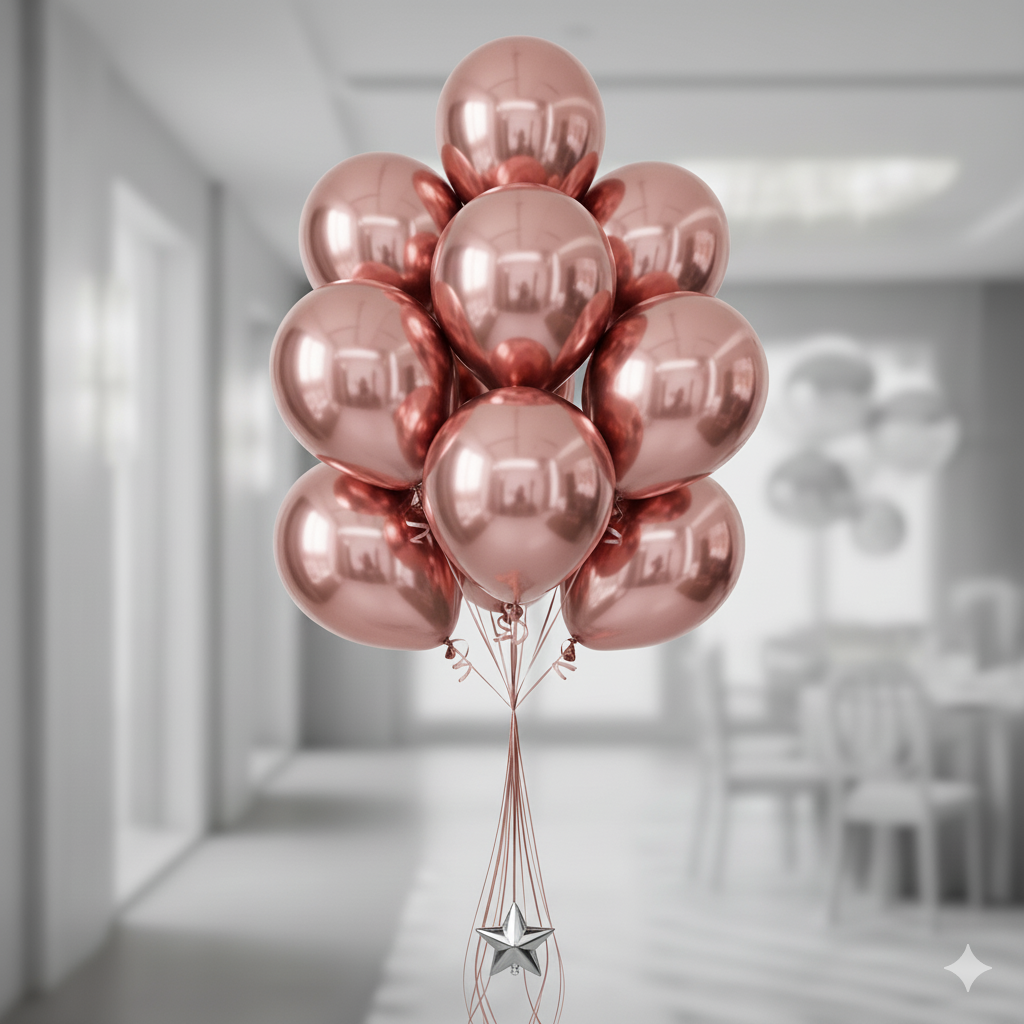 Ramo de 10 globos metalizados color oro rosa con cintas largas y delgadas, atado con un pequeño peso.