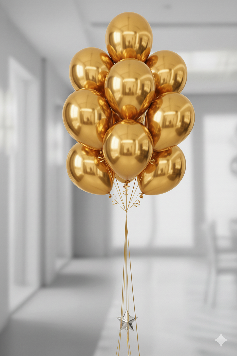 Ramo de 10 globos metalizados color oro con cintas largas y delgadas, atado con un pequeño peso.