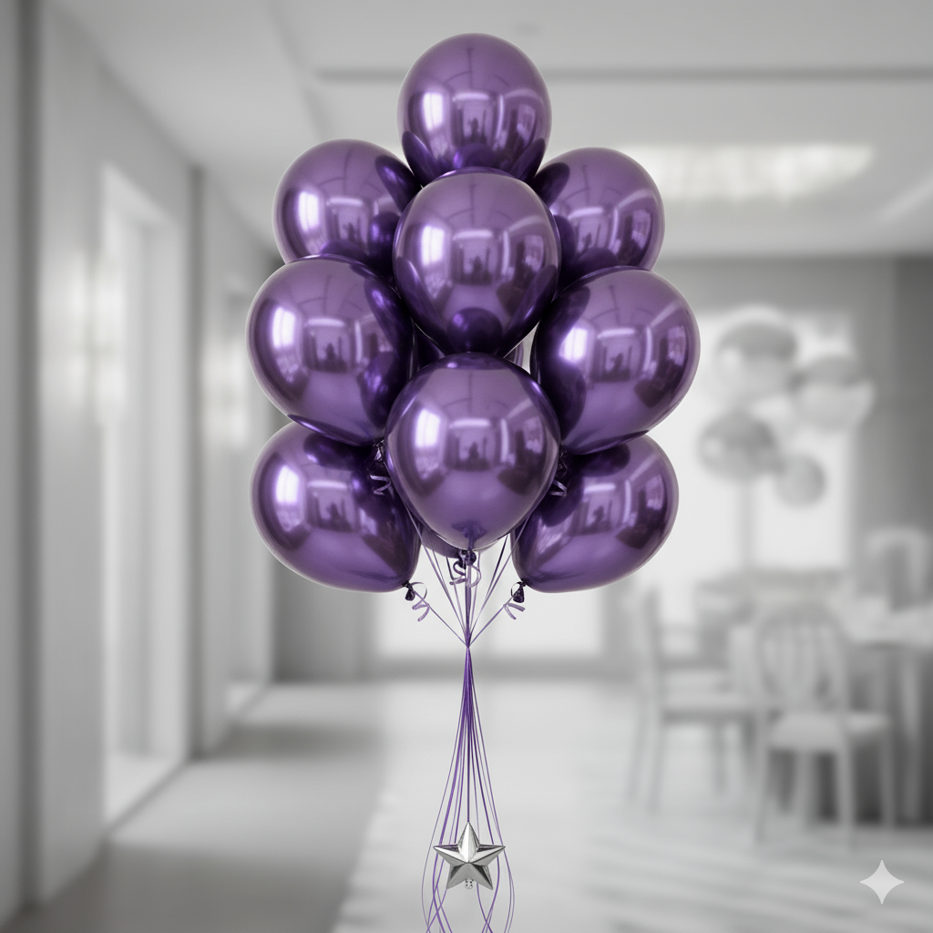 Ramo de 10 globos metalizados color púrpura con cintas largas y delgadas, atado con un pequeño peso.