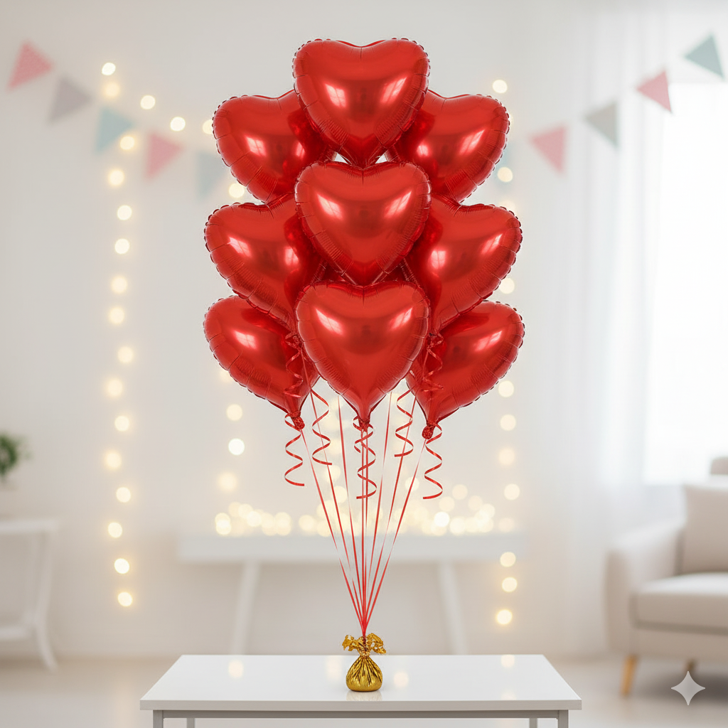 Ramo de 10 globos de corazones rojos brillantes para el Día de San Valentín o aniversario romántico